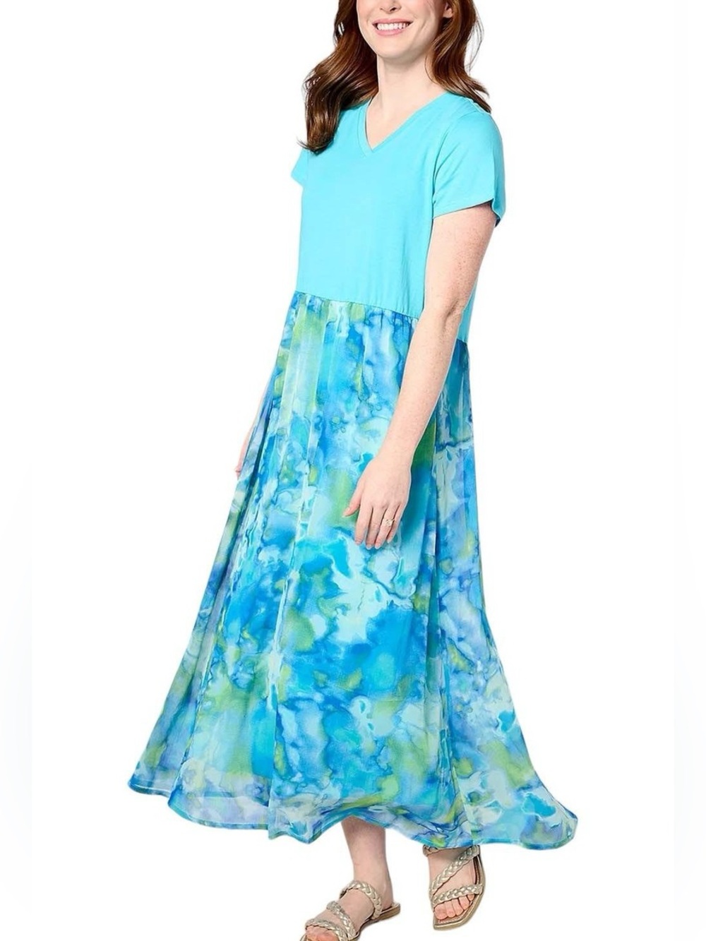 LOGO by Lori Goldstein Dress Turquoise Aqua Blue v-neck size Large Petite LP